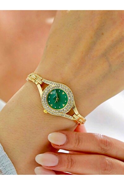 Rachel Silver Zircon Stone Gold Color Green Dial Women's Watch