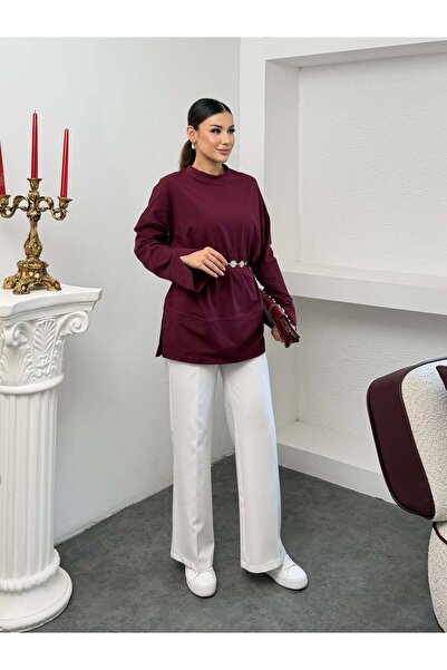 Hatun Atila Women's Crew Neck Wide Cut Tunic with Double Folded Sleeves and S...