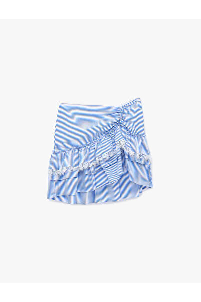 Koton X Sibil Çetinkaya - Fırfırlı Dantel Detaylı Çizgili Poplin Mini Etek