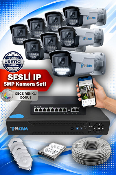8 Kameralı | 500 GB | 5MP IP POE | SESLİ | RENKLİ Gece Görüş | Güvenlik Kamera Sistemi | Hazır Full Set