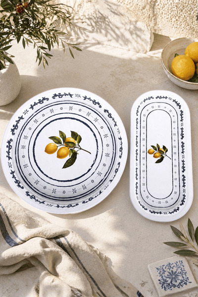 Sarkap Home 34 cm Lemon Design Beyaz Tepsi ve 16x35 Oval Tepsi Seti
