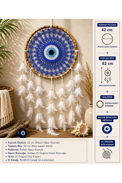 SultanofAura 42 cm Nazar Boncuklu El Örgüsü Düş Kapanı – Rattan Kasnaklı Bohe...