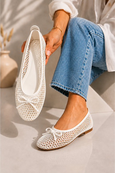 STOCON Women's White Bow Detailed Mesh Ballerinas Daily Gift Ballerinas Stc1320