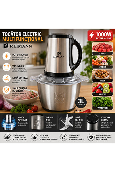OEM Tocător Electric Multifuncțional REIMANN, 1000W, Vas Inox 3L – Putere și ...