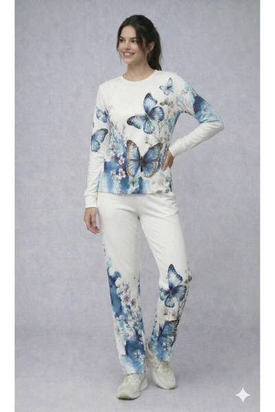 Wear Up Women's Long Sleeve Crew Neck Butterfly Print Two Thread Bottom Top Set