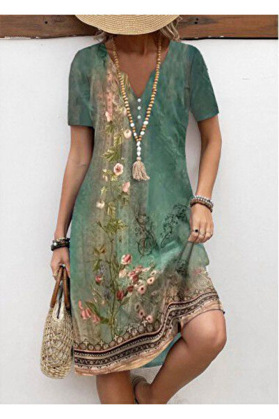 Efnaz style Women's Short Sleeve V Neck Floral Printed Midi Single Jersey Dress