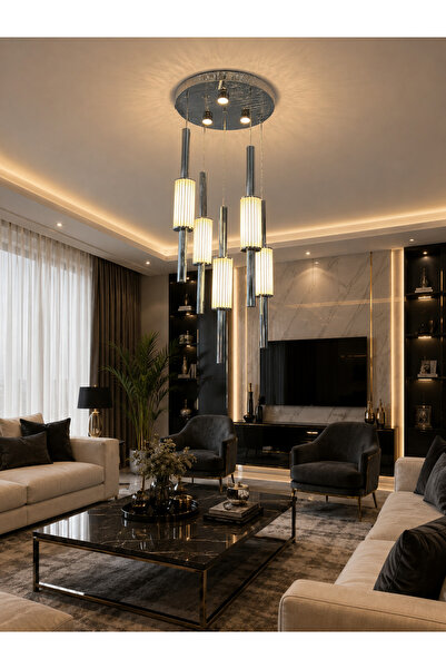 Led YENİ MODEL 5 SARKIT LÜX AVİZE KROM RENK 3 IŞIK SEÇENEĞİ