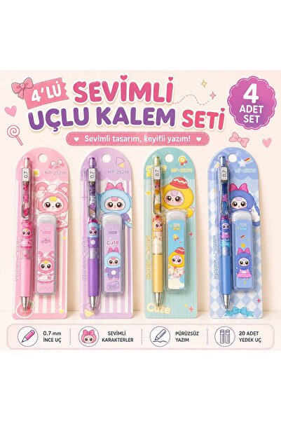 PeriMila 4'lü Sevimli Karakterli Uçlu Kalem Seti 0.7 mm Yedek Uçlu