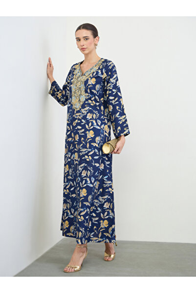 Amirah By Styli Navy Blue All Over Print Jalabiya with Thread Embroidery
