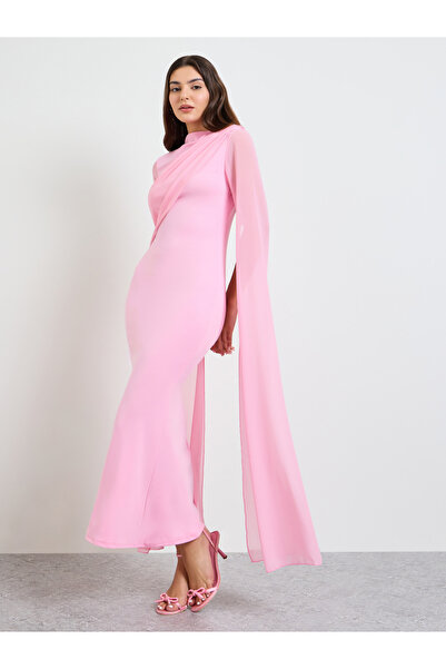 Take Two By Styli Pink Slit Sleeve Draped Maxi Dress