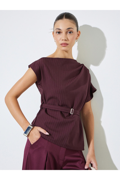 Styli Burgundy Pinstripe Blouse with Belt