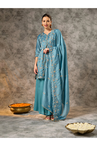 Silver Lime By Styli Teal Zari Embroidered Straight Fit Kurta, Flared Pants a...