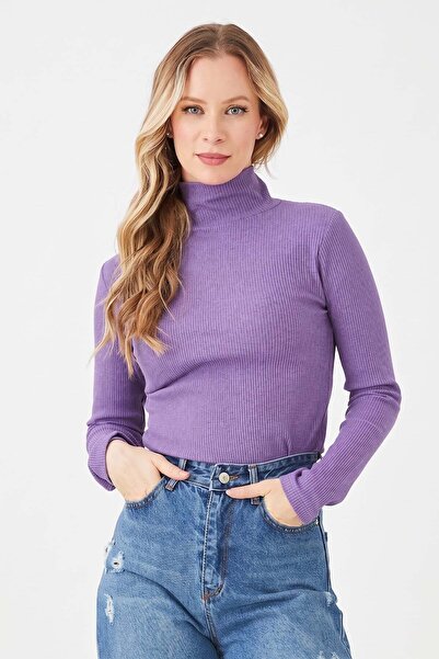 Fulla Moda Ribbed Turtleneck Slim Fit Blouse