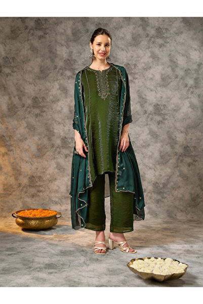 Silver Lime By Styli Green Mirror Yoke Asymmetric Kurta, Pants and Dupatta Set