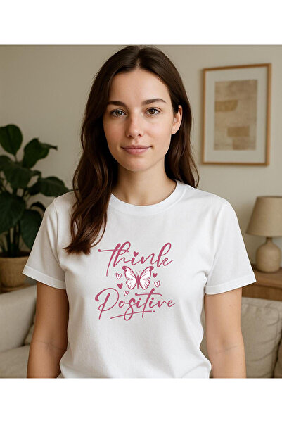 ASELİNDA Think Positive Printed Crew Neck T-Shirt Casual Short Sleeve Tshirt