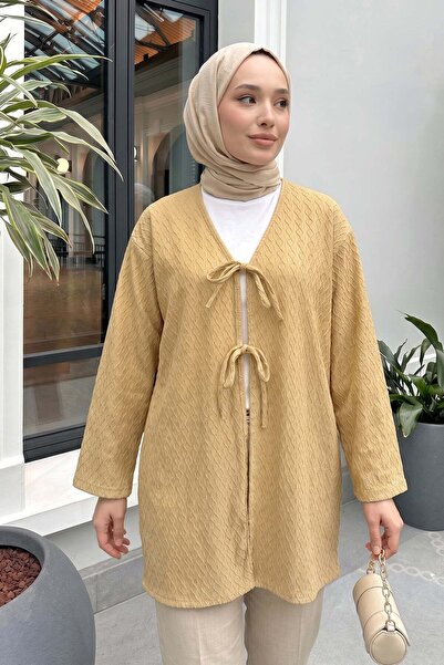 zenne Patterned Long Kimono 2374 - Wheat Color