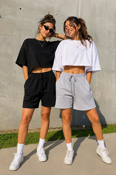 CAONNES 2-Piece Shorts for Women (Black-Grey) Summer Shorts Anti-Sweat