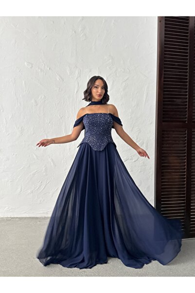 Housebutik Dar Kalıp Straplez Yaka ŞALLI Taşlı Uzun Söz Nişan Nikah Abiye