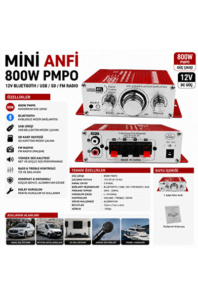FIRSAT YOLU Mini Anfi 800w Pmpo 12v Bluetooth Usb Sd Fm Radio