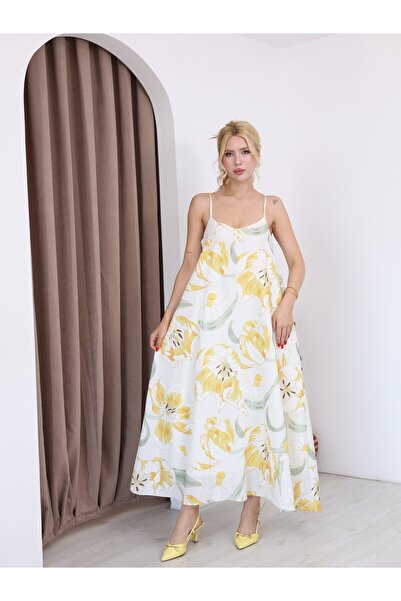 Bella Vita Fashion Desenli Askılı Salaş Maxi Elbise Yazlık Uzun Elbise