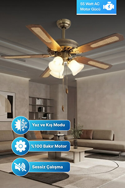 Reyo Lodos Ahşap 132cm İpli Bakır Motor 3 Lambalı Tavan Vantilatörü Ahşap