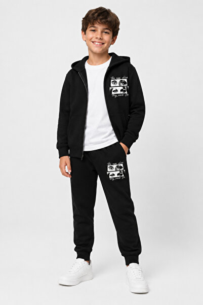 han elegant Zippered Never Lie Printed Boys' Top and Bottom Tracksuit Set