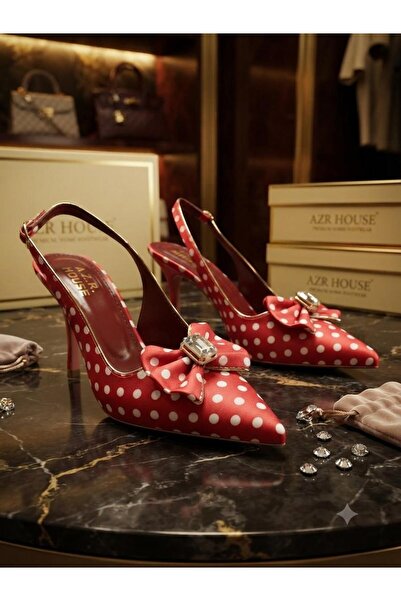 AZR New Season Heel-Headed Shoes with Polka Dot Pattern, Bow and Buckle Details