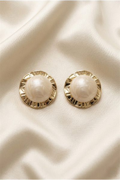 Pelin Aksesuar Gold Color Detailed Pearl Pearlescent Curved Round Earrings