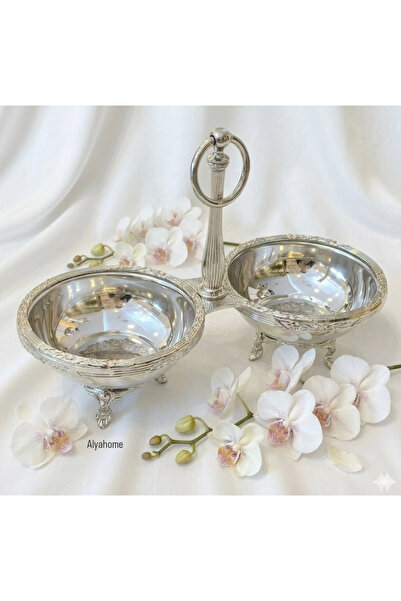 alya home aksesuar Double Metal Frame Stainless Steel Snack Bowl Silver