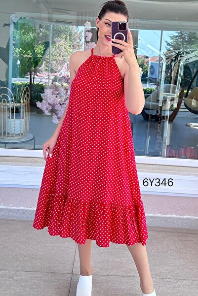 İnce Topuk Halter Neck Polka Dot Viscose Dress 6Y346