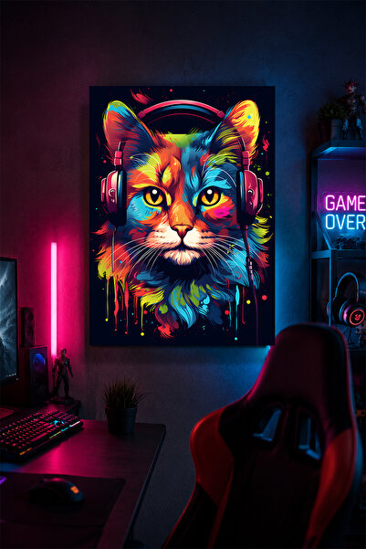 Lucena Pictură metalică de perete cu pisică cu căști de gaming, decor pentru ...