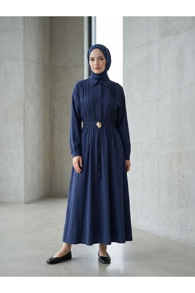 Generic Brand Waist Elastic Half Pat Accessory Detail Dress-Navy Blue