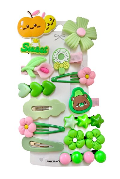 SHEKER HOME Accessories 14-Piece Girls' and Baby Hair Clip Set Green Pink Flo...