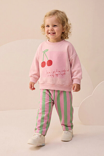 Minipodyum Baby Girl Top and Bottom Set with Striped Cherry Print