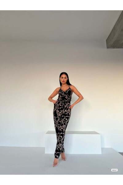 Modafeminen Black Rope Strap Patterned Summer Jumpsuit 582427