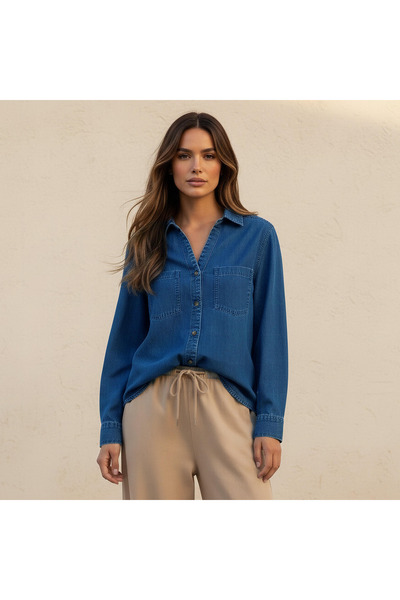 DNM Cotton Denim Shirt with V-neck