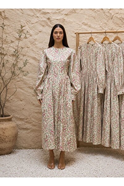 KÜÇÜĞÜM BUTİK Burgundy Floral Vintage Pleated Poplin Long Dress
