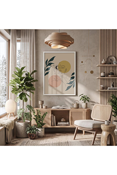KOLAJTASARIM Minimalist Moon Sun Femeie Tablou cu ramă din lemn alb Obiect de...