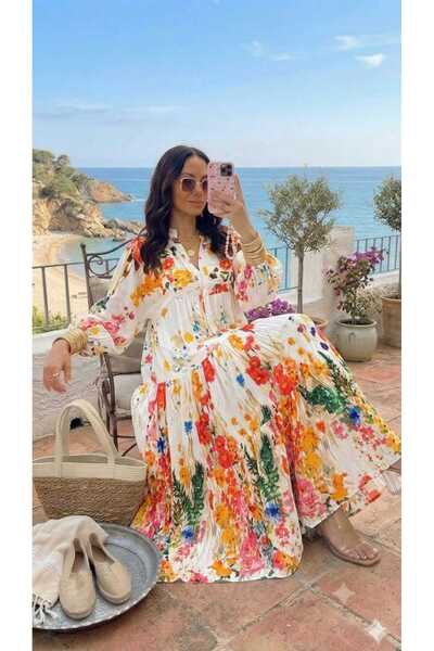 QUAWEAR V-Neck Patterned Viscose Fabric Full Length Dress