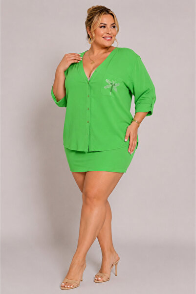 GRANDİ Large Size V-Neck Buttoned Stone Embroidered Capri Sleeve Pocket Thin ...