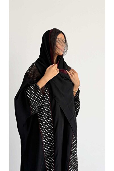 AYA Mwt1465 Polka Dot Abaya with Burgundy Ceytan Inserts