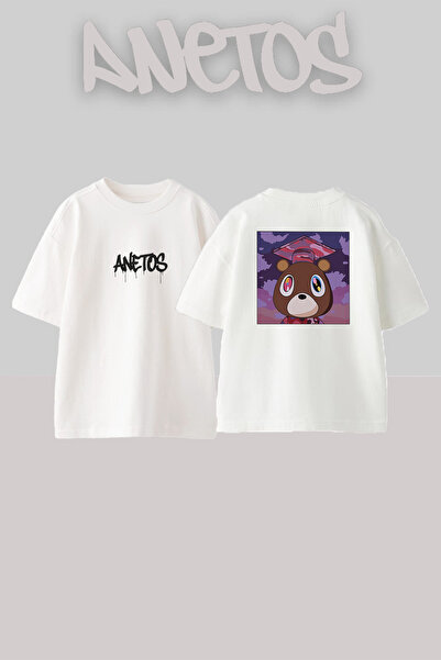 Anetos تي شيرت أبيض كبير الحجم مطبوع بتصميم Dropout Bear_2 للجنسين