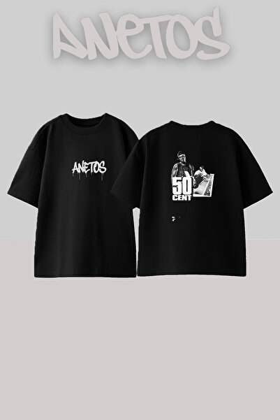 Anetos 50 Cent_6 dizajn, štampana unisex majica prevelikog kroja, crna