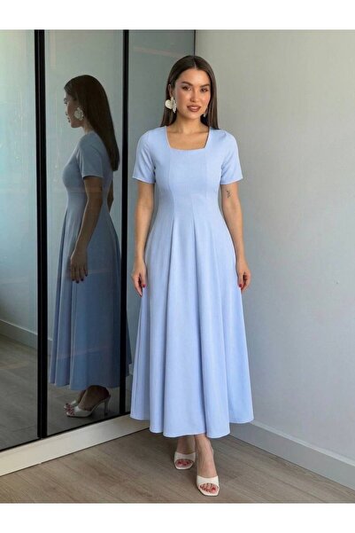 qeteen Women's Square Neck Short Sleeve Maxi Dress