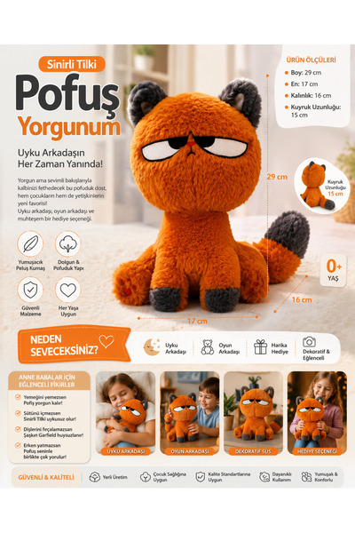 Puffy Puff 🦊😴 "Sinirli Tilki – Şaşkın Garfild – Pofuş Yorgunum" Peluş Uyku ...
