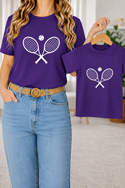 VODEXA Mother Daughter Combination Oversize Racket Printed T-Shirt Twin T-Shi...