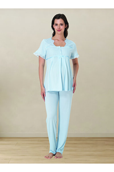 by İGP Lace Detailed Short Sleeve Maternity Adjustable Waist Pajama Set