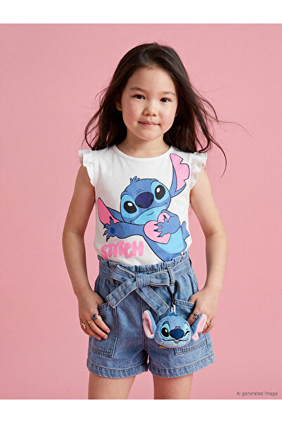 LC Waikiki Beyaz Bisiklet Yaka Stitch Baskılı Kız Çocuk Atlet