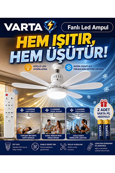 Varta Fanlı LED Ampul E27 Kumandalı 40W 6 Kanat Pervane Ampul 3 Kademeli Tava...
