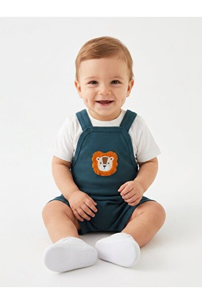 Kids Kingdom Cotton Gofre Fabric Lion Detailed T-Shirt Salopet 2-Piece Baby B...